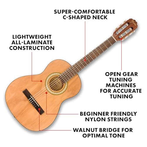 Fender FA-25N 3/4 Size Nylon String Acoustic Guitar, Beginner Guitar, with 2-Year Warranty, Perfect Beginner Guitar for Kids that is Easy on Fingers, Includes 3 Months of Free Lessons, Natural 4