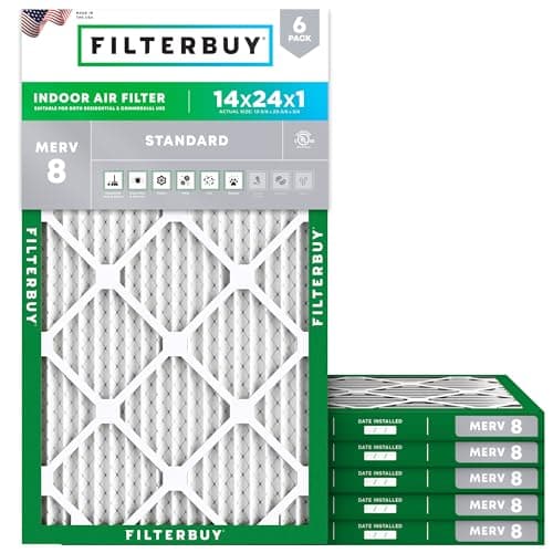 Filterbuy 14x24x1 Air Filter MERV 8 Essential Dust & Allergy Defense (6-Pack), Electrostatic Pleated HVAC AC Furnace Filters Replacement, Made in USA (Actual Size: 13.38 x 23.38 x 0.75)