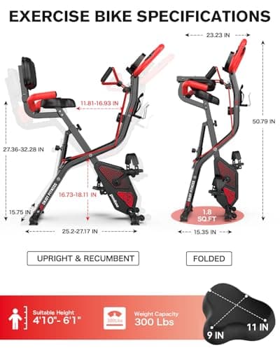 pooboo Folding Exercise Bike, Fitness Stationary Bike Machine, Upright Indoor Cycling Bike, 4-in-1 Magnetic X-Bike with 8-Level Adjustable Resistance, Bottle Holder, Arm Resistance Bands, Pulse Sensor & Back Support Cushion for Home Gym Workout (red) 5