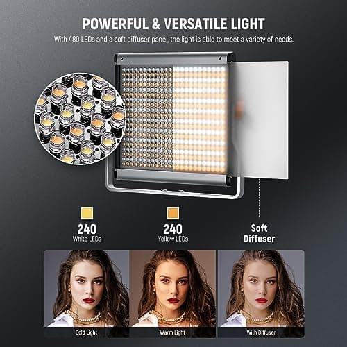Neewer 2 Packs Dimmable Bi Color 480 LED Video Light Kit, 3200~5600K CRI 96+ LED Panel with U Bracket, 75 inches Tripod Light Stand for YouTube Recording Studio Photography Streaming Key Lighting 3