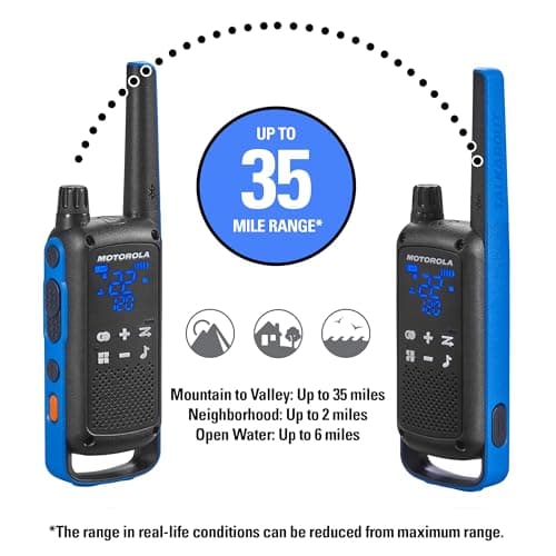 Motorola Solutions, Portable FRS, T802, Talkabout, Two-Way Radios Waterproof IP54 Walkie Talkie Emergency Preparedness, Rechargable, 22 Channel, 35 Mile, Black W/Blue, 2 Pack 5