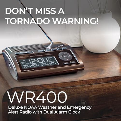 Midland - WR400 Weather Radio Deluxe - NOAA Emergency Alert Scanner – Home Use with Battery Backup - Local County Programming Over 80 Emergency Voice Flashing Alerts – Alarm Clock AM/FM Radio 3