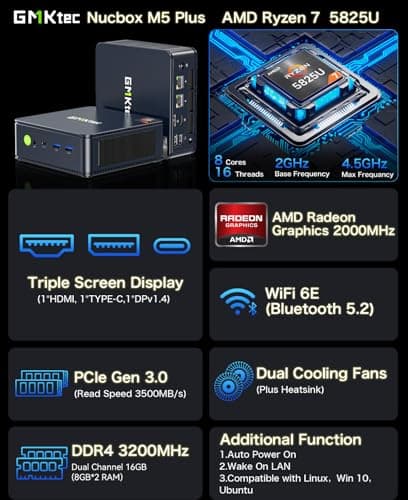 GMKtec Mini PC AMD Ryzen 7 5825U (Turbo 4.5GHz) Dual NIC 2.5G Gaming Desktop Computers 16GB DDR4 512GB SSD Dual LAN 2.5G/ WiFi 6E, USB3.2, USB-C, BT 5.2, DP, HDMI, Dual Fan 2