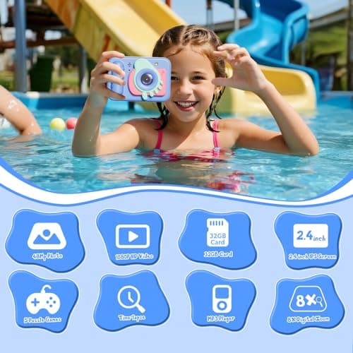 Underwater Camera, 48MP 5FT Waterproof Digital Camera with 32GB Card, Autofocus Floatable Waterproof Camera with HD Screen, 8X Digital Zoom, for Kids Water Park, Swimming (Foot Style, Blue) 4