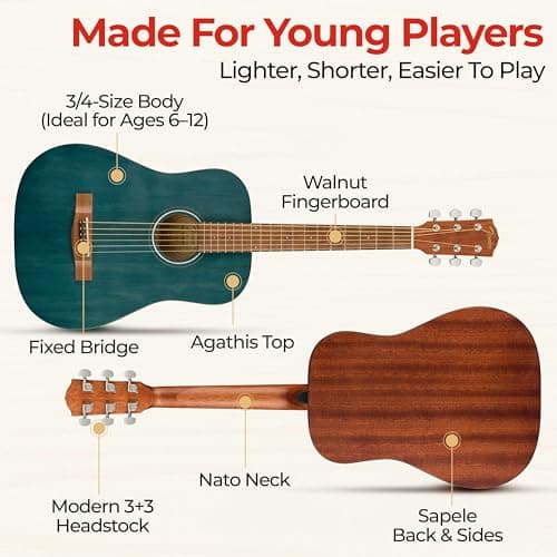 Fender FA-15 3/4-Scale Kids Steel String Acoustic Guitar - Blue Learn-to-Play Bundle with Gig Bag, Strap, Picks, Fender Play Online Lessons, and Austin Bazaar Instructional DVD 6