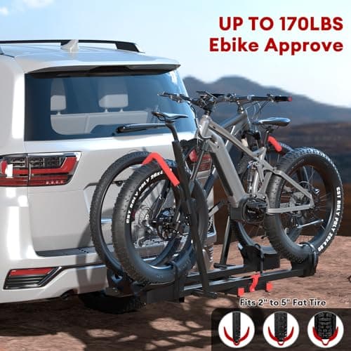 Hitch 2 EBike Rack with Ramp, 170lbs Capacity Foldable Electric Bike Carrier for 2 Heavy Ebike, Up to 5" Fat Tire Bicycle for 2" Receiver for Car, SUV, RV, Truck, Black 2