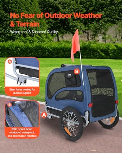 VEVOR Dog Bike Trailer, Supports up to 100 lbs, Pet Cart Bicycle Carrier, Easy Folding Frame with Quick Release Wheels, Universal Bicycle Coupler, Reflectors, Flag, Collapsible to Store, Blue/Black 3