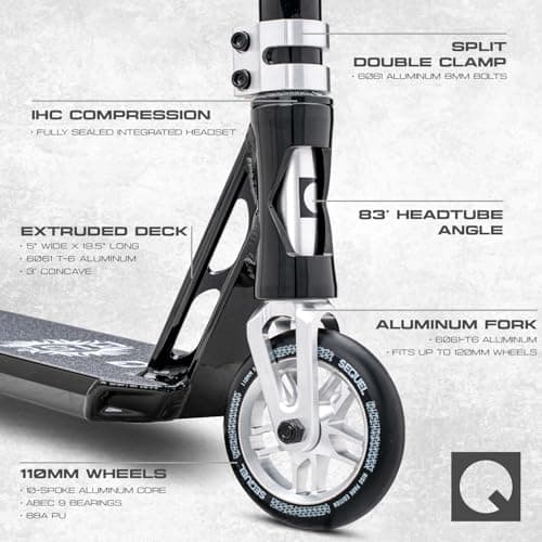 Sequel Rise Park Stunt Scooter – Complete Pro Trick Scooter with Aluminum Bar, 110mm Hollowcore Wheels, and IHC Compression (Black/Silver - Park) 5