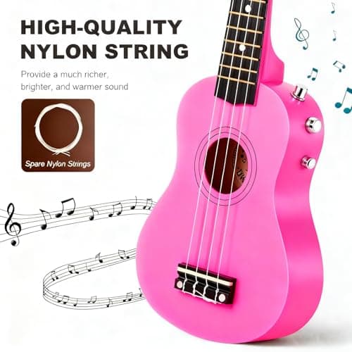 MUSTAR Soprano Ukulele Beginners Kit - 21 Inch Basswood Ukuleles for Kids, Beginner, Ukulele Pack With Gig Bag, Strap, Picks, Pink Ukuleles Set 3