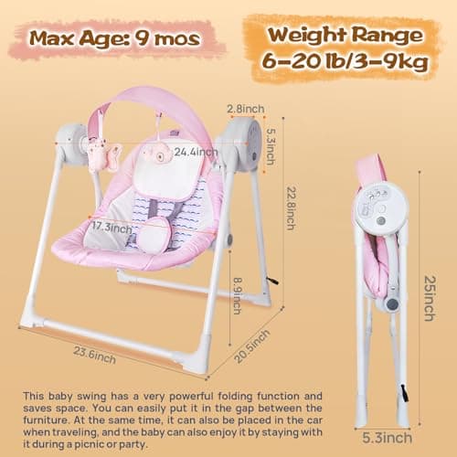 Baby Swing SpaceSaver Ultra-Compact Foldable Infant Swing (Fits in 5.3" Gaps!) 6 Speed Modes | Portable Newborn Swing for Travel/Car/Picnic (0-6M, 6-20lbs Pink) 2