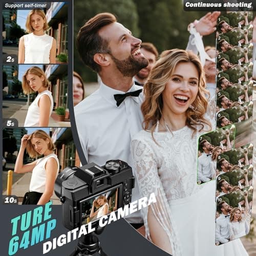 8K Digital Cameras for Photography 64MP - 16X Zoom Autofocus, WiFi, 180° Flip Screen with Wide-Angle & Macro Lens, Vlogging Camera for YouTube Travel with 64GB TF Card, 2 Batteries & Mic (Black) 2