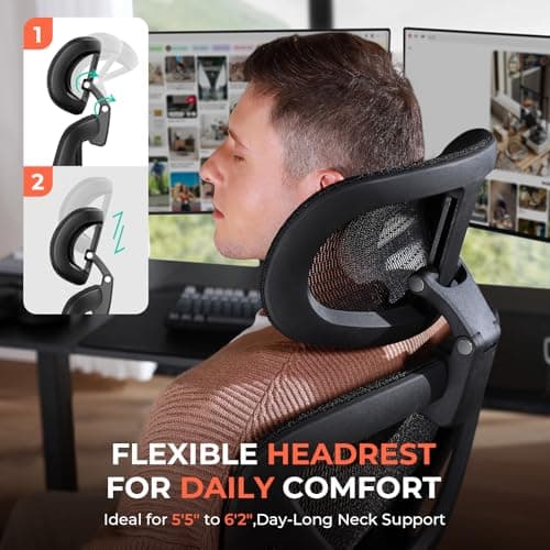 CAPOT Ergonomic Mesh Office Chair, Adjustable Lumbar High Back Desk Chair 400lbs, 4D Flip-up Arms, 3-Level Tilt Backrest, 3D Headrest, PU Wheels, Swivel Rolling Computer Seating for Long Desk Work 5