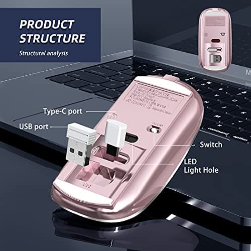 Halpilt Wireless Mouse Chargeable Portable Silent USB and Type-C Dual Mode Wireless Mouse 3 Adjustable DPI for Laptop, Mac, Android, PC (Q23S Black) (Rose Gold) 5