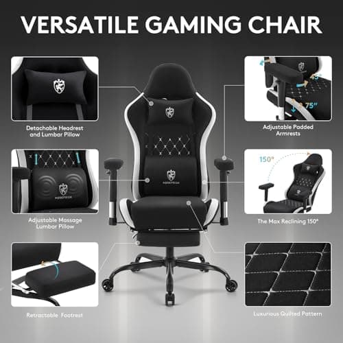 Morkprism Gaming Chair Breathable Fabric,Computer Office Chair with Footrest,Massage Lumbar Support and Gel Pad,Ergonomic Reclining Gamer Chair with Adjustable Armrests and Spring Cushion Black Grey 4