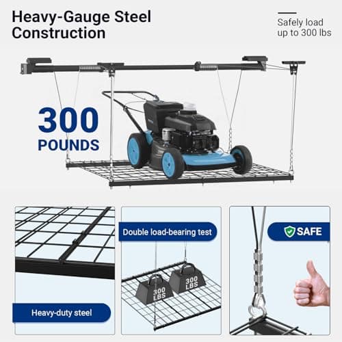 FLEXIMOUNTS GL1 Overhead Garage Lifting Storage Rack, 4x4 Ft Heavy-Duty Metal Garage Ceiling Rack, Adjustable Organization System With 71''L Axle, 300lbs Weight, Black 4