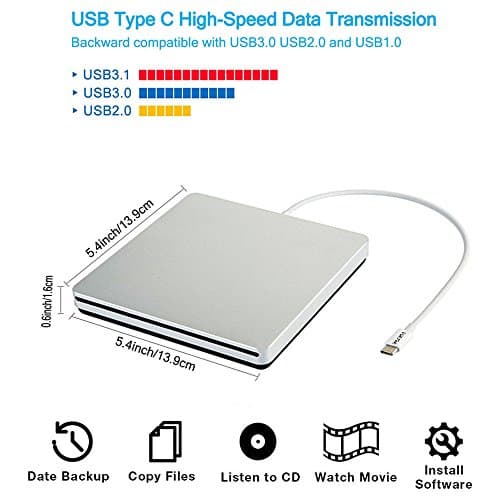 VikTck USB-C Superdrive External DVD/CD Reader and DVD/CD Burner for Apple-MacBook Air/Pro/iMac/Mini/MacBook Pro/ASUS/ASUS/DELL Latitude with USB-C Port Plug and Play(Silver) 3