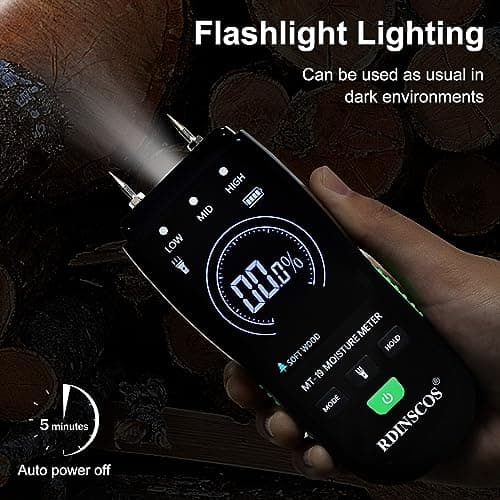 RDINSCOS Pin-Type Wood Moisture Meter – Digital Handheld Moisture Detector for Firewood, Drywall, Concrete, and Building Materials – Accurate with Hold Function & Backlit LCD 4