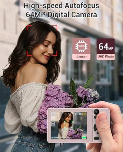 Wevoor 4K Digital Camera for Photography- 64MP Autofocus Vlogging Camera with Dual Lens, 18X Digital Zoom- Small Point and Shoot Camera with Card and 2000mAh for YouTube, Travel, Beginners (Pink) 2