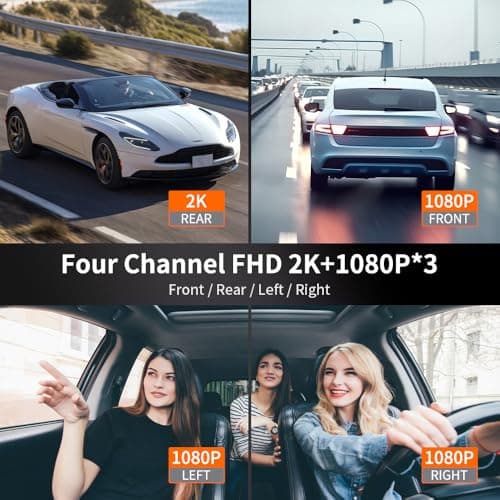 360° Dash Cam Front and Rear View 4 Channel Dash Camera FHD 2K+1080Px3 for Car, Inside/Back 170°+2x150°+170° Wide Angle, 8 IR Lamps Night Vision,WiFi,GPS, APP,G-Sensor with 64GB Card,24/7 Parking Mode 3