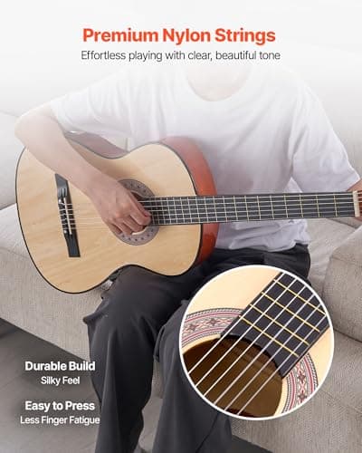 VEVOR 38 Inch Beginner Acoustic Guitar, Classical Guitar Full Starter Kit with Nylon Strings, Gig Bag, Strap, Tuner, Extra Strings, Pick, Capo, for Teenagers Adults Students Youth, Natural 3