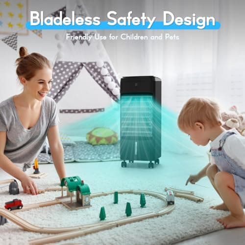 NOMEY Evaporative Air Cooler, 3-IN-1 Air Conditioner Portable for Room w/ 4 Modes & 3 Speed, 12H Timer, 1 Gal Detachable Water Tank, 4 Ice Packs, Remote, 70° Oscillation Air Cooler for Bedroom Indoor 5