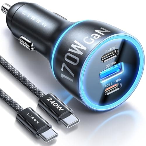 LISEN 170W Fast Car Charger for Galaxy S25 Ultra, GaN Chip PD3.1 Car Charger USB C for iPhone 17, 140W+PD30W/QC30W Cigarette Lighter USB Charger Adapter for iPhone 16 Pro, Laptop,MacBook Pro/Air,iPad