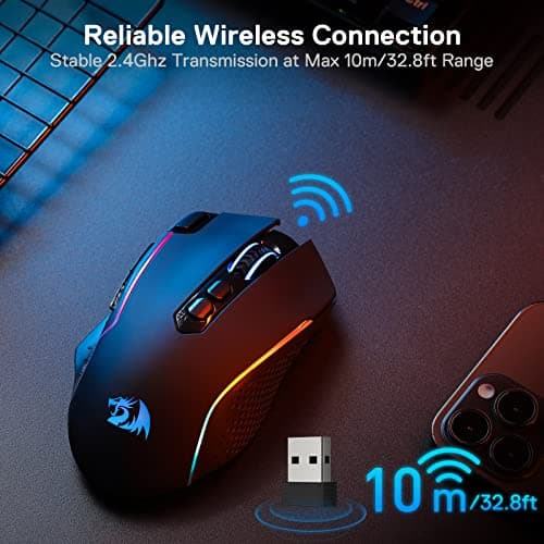 Redragon M810 Pro Wireless Gaming Mouse, 10000 DPI Wired/Wireless Gamer Mouse w/Rapid Fire Key, 8 Macro Buttons, 45-Hour Reliable Power Capacity and RGB Backlit for PC/Mac/Laptop 4