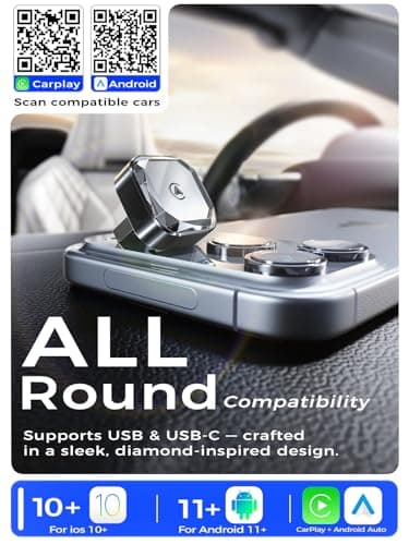 2 in 1 Wireless CarPlay & Android Auto Adapter | Simple Setup, Smooth, Lag-Free Use | Supports Over 1000 Vehicles with Built-in Wired Car Play/Android Auto | Compact & Modern 4