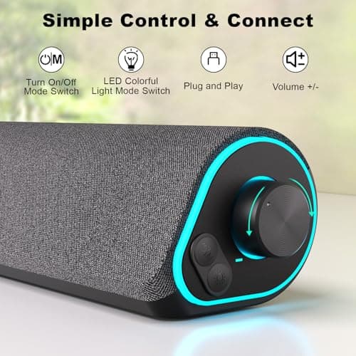 SOULION R50 Bluetooth Computer Speakers, 3.5mm PC Sound Bar for Desktop Monitor, Wired USB Powered & Colorful LED Lights with Switch Button, Surround Sound Soundbar PC Spearkers for Computer 3