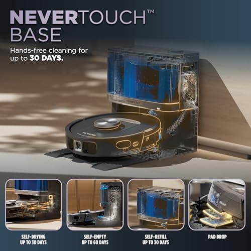 Shark Robot Vacuum & Mop Combo, PowerDetect NeverTouch, Self-Emptying & Self-Refilling, 60-Day Debris Capacity, 30-Day Refill Tank, Pad Dry, 5 Intelligent PowerDetect Cleaning Technologies, RV2820YE 2