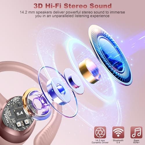 Hupoaf Wireless Earbuds Sport, New Bluetooth 5.4 Headphones with Earhooks, 50H Stereo Deep Bass Over Ear Buds with 4 ENC Noise Canceling Mics, IP7 Waterproof Earphones for Running Workout Gym -Rose 2