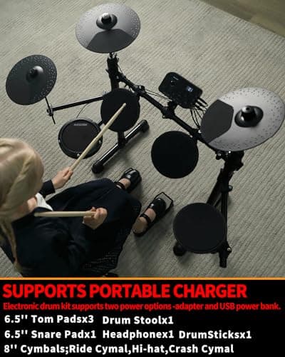 AODSK Electric Drum Set for Beginner with 150 Sounds,4 Quiet Drum Pads,2 Pedal,Throne,Sticks,Electronic Drum with Headphone,AED-400 2