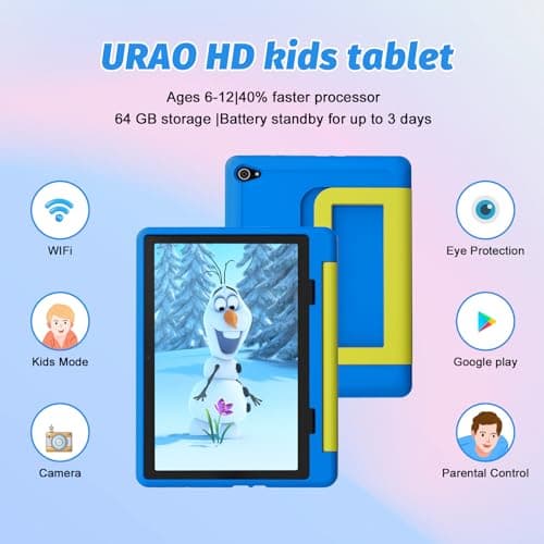 URAO Kids Tablet, Android 14 Tablet for Kids 10 inch Octa-Core with Case, 64GB 1TB TF Card Expandable for Toddler Children, Parental Control, Dual Camera, WiFi,Gift 2