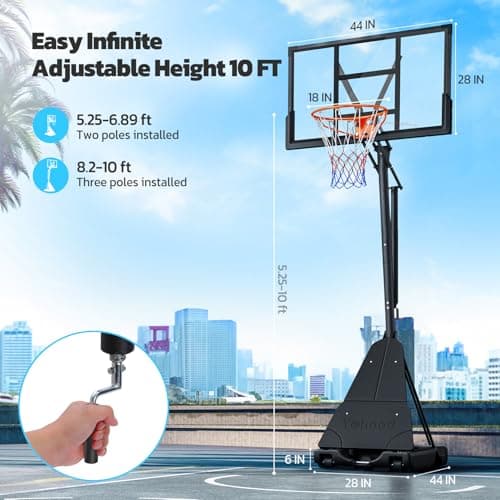 Yohood Basketball Hoop Outdoor Portable, 10ft Quickly Adjustable Basketball Goal System with 44 Inch PC Backboard & Wheels for Court/Backyard/Driveway 2