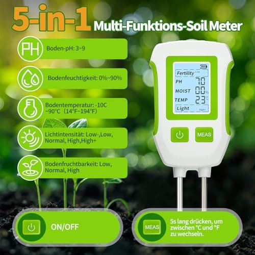 Heemol PH Meter 5 in 1, Multifunctional Soil Tester for Fertility, PH, Humidity, Temperature, Light, High Precision Soil Meter for Gardens, Plants and Indoor Plants - Green 3