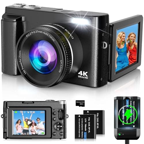 4K Digital Camera for Photography and Video, Autofocus 48MP Vlogging Camera for YouTube with 3'' 180°Flip Screen 16X Zoom Compact Travel Cameras with SD Card, 2 Batteries, Anti-Shake, Flash (Black)