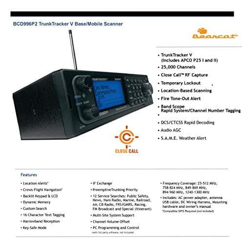 Uniden BCD996P2 Digital Mobile TrunkTracker V Scanner, 25,000 Dynamically Allocated Channels, Close Call RF Capture Technology, 4-Line Alpha display, Base/Mobile Design, Phase 2 2