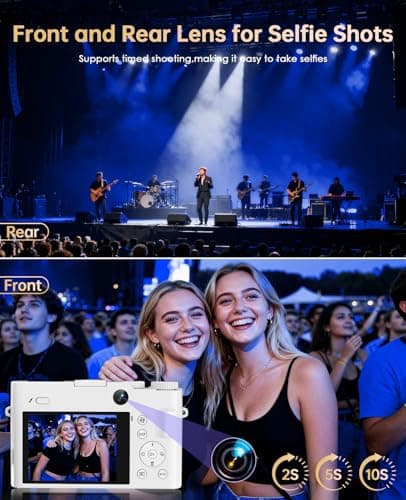 4K Digital Camera for Photography - 64MP Autofocus Vlogging Camera for YouTube with Dual-Lens - 16X Digital Zoom Anti Shake 3'' Selfie Compact Camera with Flash, 2 Batteries, Charging Stand-White 5