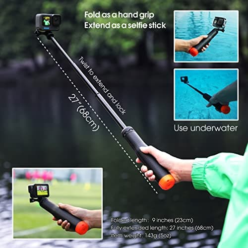 SOONSUN 4in1 Floating Selfie Stick Tripod for GoPro Hero 13 12 11 10 9 8 7 6 5 4 3, Max, AKASO, Osmo Action 3/4/5 Pro Camera - As Waterproof Extension Monopod Pole Floating Handle Grip Tripod Stand 5