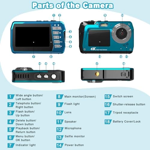 Waterproof Digital Camera, Underwater Camera with 32GB Card(Installed), 4K FHD 48MP Dual-Screen Selfie Under Water Camera for Photography, 10FT Waterproof Camera for Snorkeling, Surfing, Rafting 5