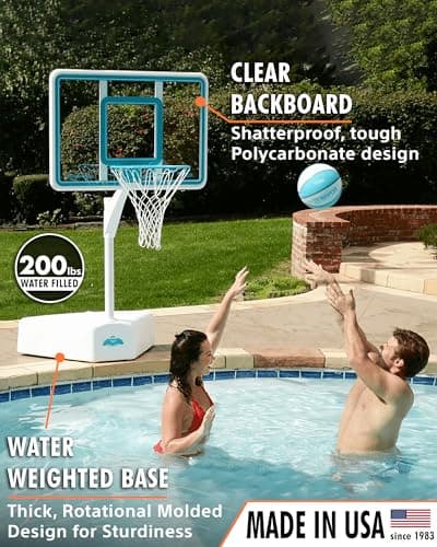 Dunn-Rite Splash & Shoot Outdoor Adjustable Height Swimming Pool Basketball Hoop w/Ball, Base, & 18 Inch Stainless Steel Rim, Made in USA, Clear 4