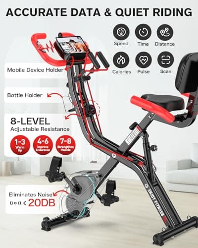pooboo Folding Exercise Bike, Fitness Stationary Bike Machine, Upright Indoor Cycling Bike, 4-in-1 Magnetic X-Bike with 8-Level Adjustable Resistance, Bottle Holder, Arm Resistance Bands, Pulse Sensor & Back Support Cushion for Home Gym Workout (red) 4