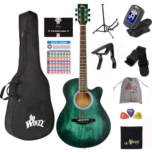WINZZ HAND RUBBED Series - 40 Inches Cutaway Acoustic Acustica Guitar Beginner Starter Bundle with Online Lessons, Padded Bag, Stand, Tuner, Capo, Guitar Chords, Strap, Picks, Dark Hunter Green