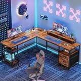 Furologee 66” L Shaped Desk with Power Outlet, Reversible Computer Gaming Desk with File Drawer & 2 Monitor Stands for Home Office with Storage Shelves, Rustic Brown 2