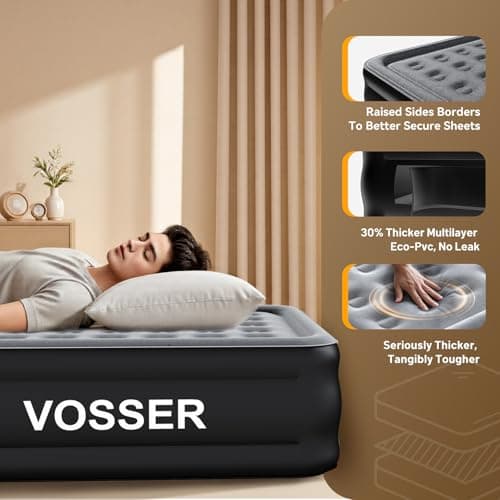 VOSSER Air Mattress Queen with Built in Pump,Blow Up Mattress in 3 Mins,18'' Raised Self Inflatable Mattress,Portable Airbed for Home,Floor&Camping,Queen Size Air Matress for Adults,660LB Max,Black 5