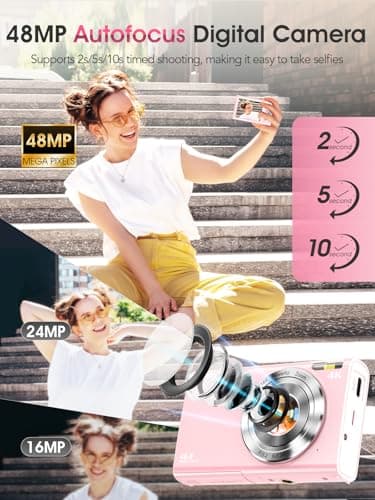 Digital Camera,Autofocus 4K Vlogging Camera for Photography with 32GB Card,48MP Portable Compact Point and Shoot Digital Camera for Teens Adult Beginner with 16X Zoom,Anti-Shake,2 Batteries(Pink) 2