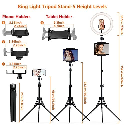 12" Selfie Ring Light with Tripod Stand 72" Tall & Mini Desktop Tripod, PEYOU Ring Light Tripod with 4 Phone Tablet Holders & Shutter for YouTube/Makeup/TikTok/Photography, Compatible with iPhone iPad 3