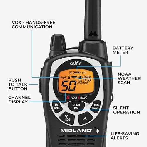 Midland GXT1000X3VP4 GMRS Two-Way Radio (50-Channel, Long Range, 142 Privacy Codes, SOS, NOAA, Rechargeable Nickle Battery, Black/Silver, 3-Pack) 5