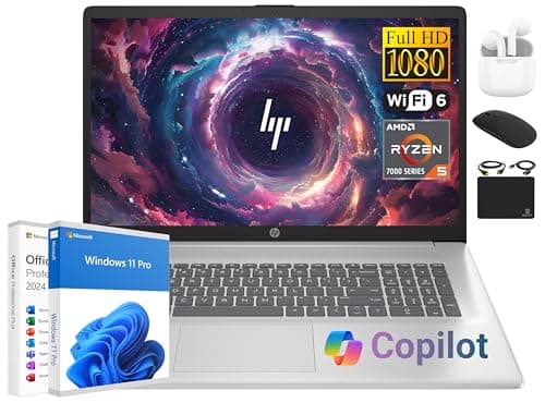 HP 17 Laptop Essential Computer, 17.3 IPS FHD Business PC, 6-Core AMD Ryzen 5, 32GB RAM, 1.5TB Storage (1TB SSD + 500GB Ext), Windows 11 Pro Copilot AI Lifetime Office, HubxcelAccesory, Number Pad