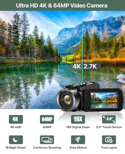 4K Video Camera Camcorder 64MP Vlogging Camera for YouTube 3.0" Touch Screen 18X Digital Zoom IR Night Vision with External Stereo Microphone,Remote,Lens Hood,Handheld Stabilizer,32G Card &2 Batteries 2